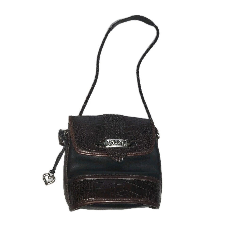 Vintage Brighton Black Leather & Brown Croc Embossed Crossbody Flap Bag Heart